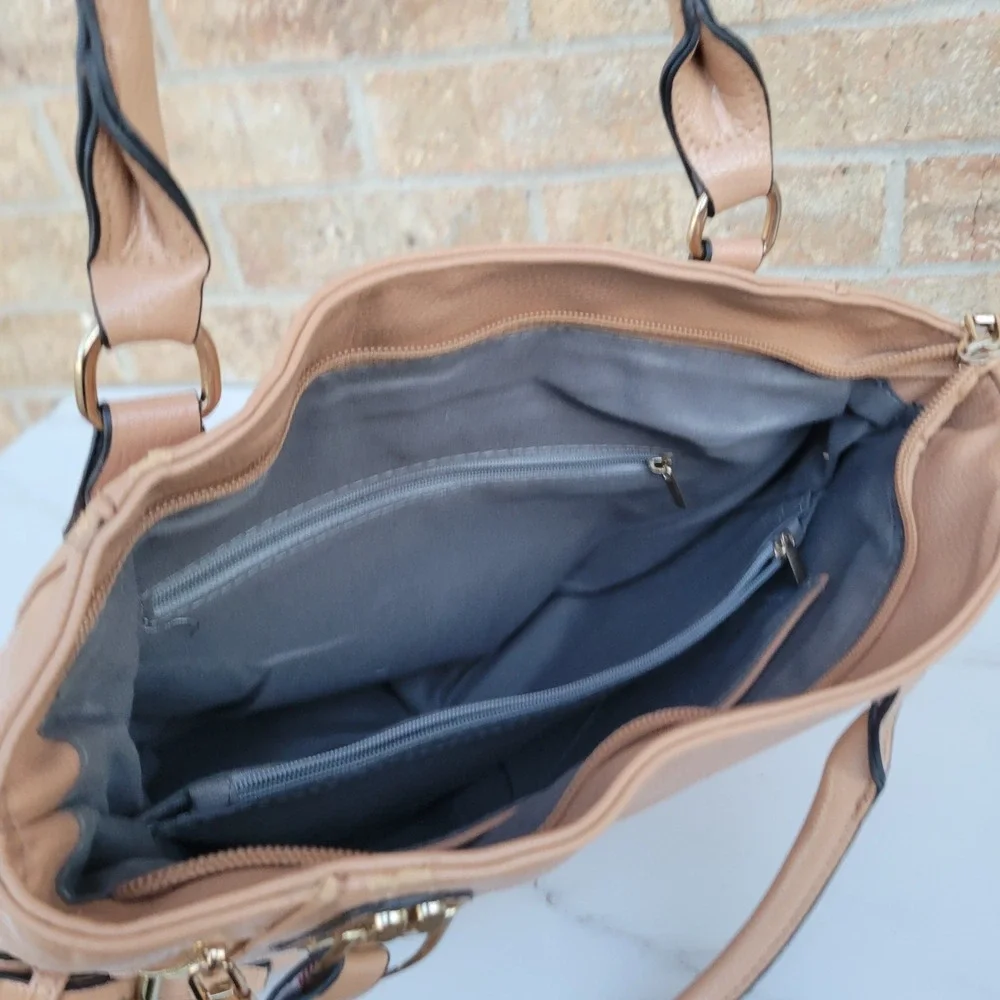 Tan Faux Leather Satchel Handbag Gold Tone‎ Hardware Multi Compartment Tote Bag